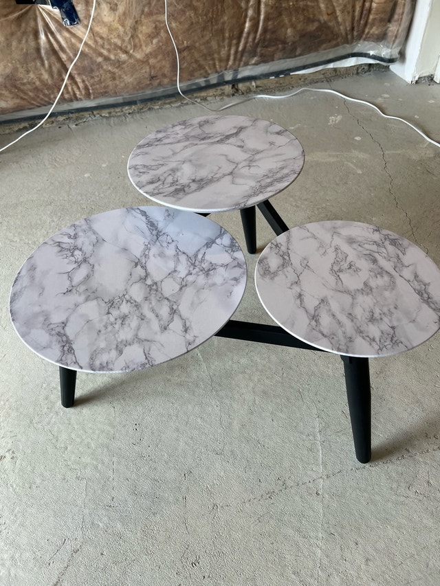 Modern 3-Tier Marble Style Coffee Table (Black Legs)
