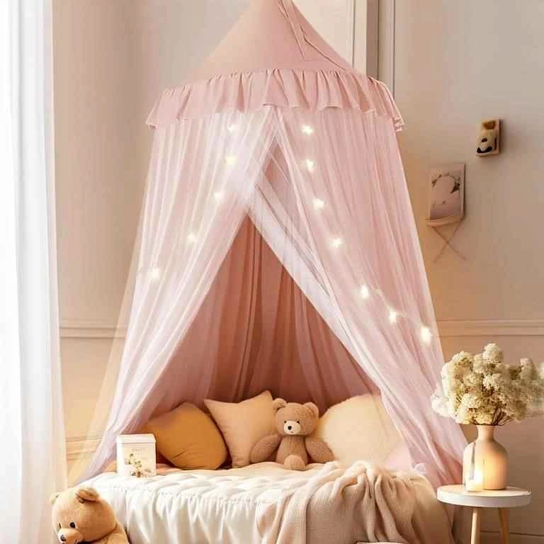 Pink Baby Kids Bed Canopy w Lights Double Layer Mesh Cotton