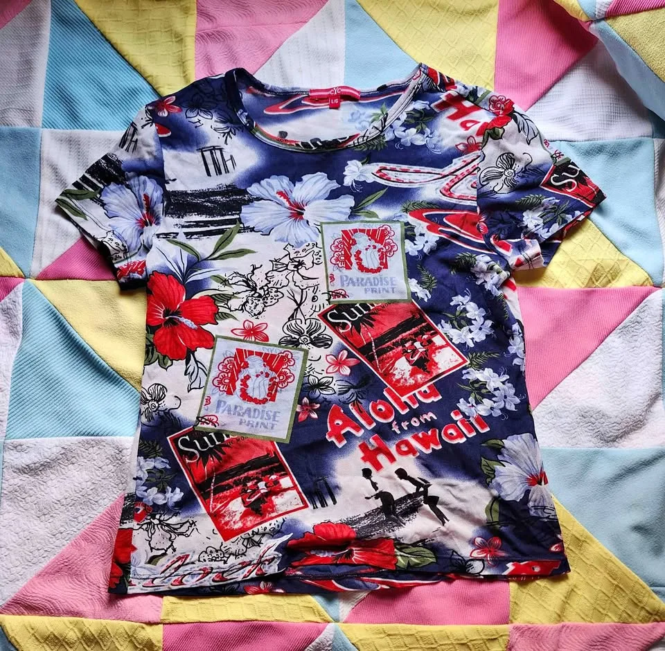 sheer mesh Hawaiian shirt in blue, red and white thumbnail