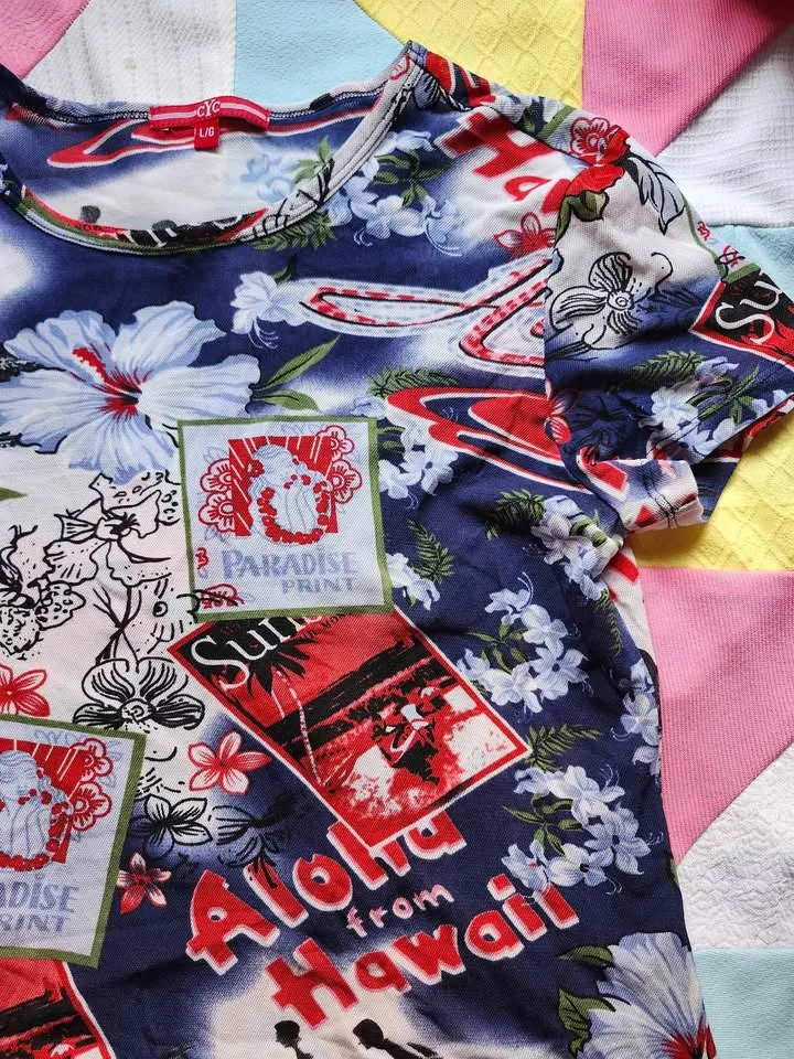 sheer mesh Hawaiian shirt in blue, red and white image indicator(3)