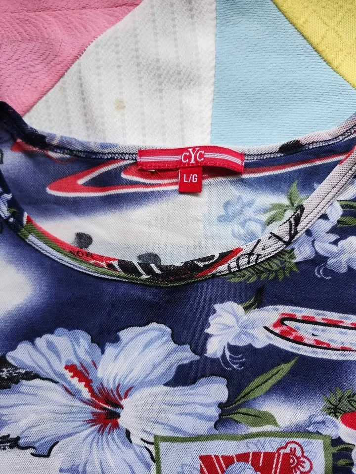 sheer mesh Hawaiian shirt in blue, red and white image indicator(4)