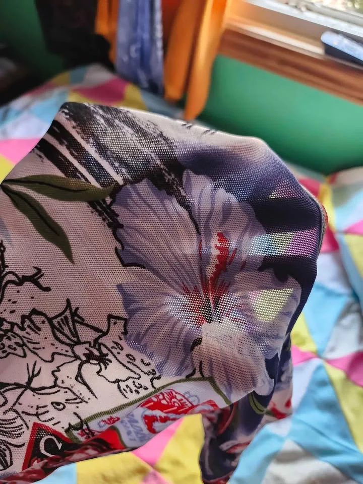 sheer mesh Hawaiian shirt in blue, red and white image indicator(5)