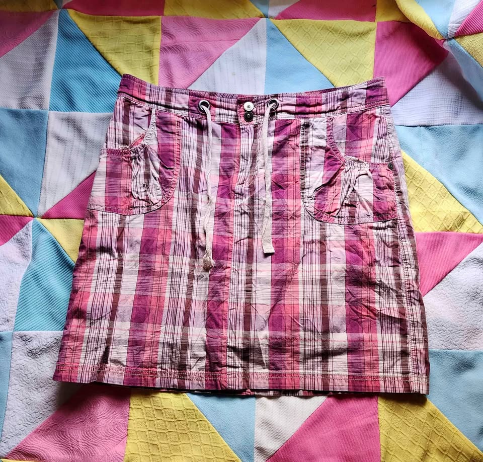 2000s pink and purple plaid skort with drawstring