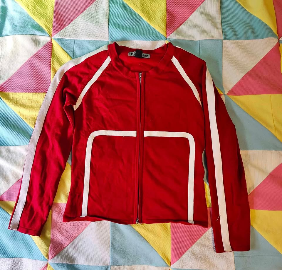 Unique zip-up red striped jacket/sweater