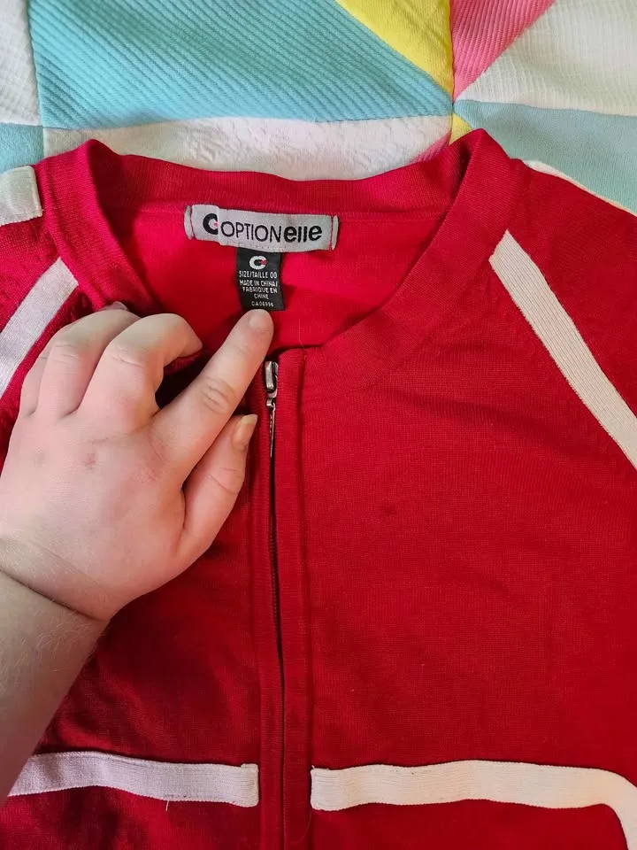 Unique zip-up red striped jacket/sweater image indicator(3)