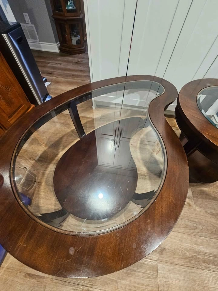 Dark wood glass top coffee and end table set - photo 2
