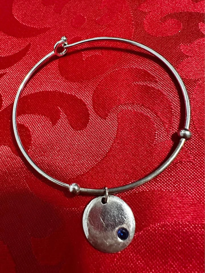 Silver 925 Bangle Bracelet w Blue Stone Charm