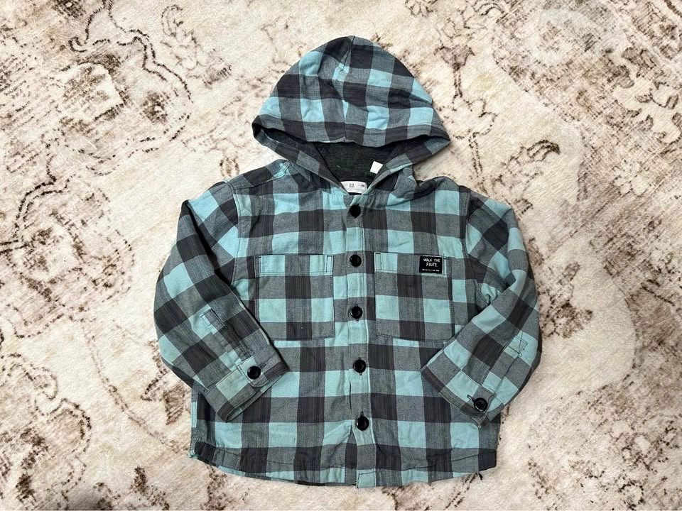 Zara Kids Blue Gray Plaid Hooded Shirt 2-3Y