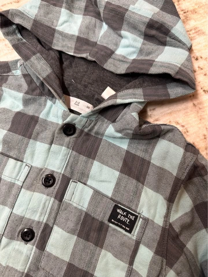 Zara Kids Blue Gray Plaid Hooded Shirt 2-3Y - photo 2