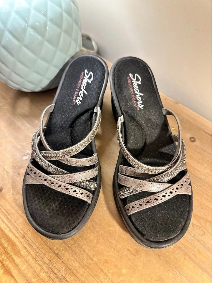 Skechers Memory Foam Wedge Sandals Embellished Metallic Straps S