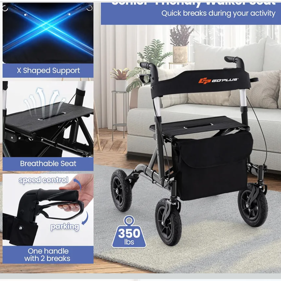 Goplus Foldable Rolling Walker with Seat, Supports up to 350 lbs