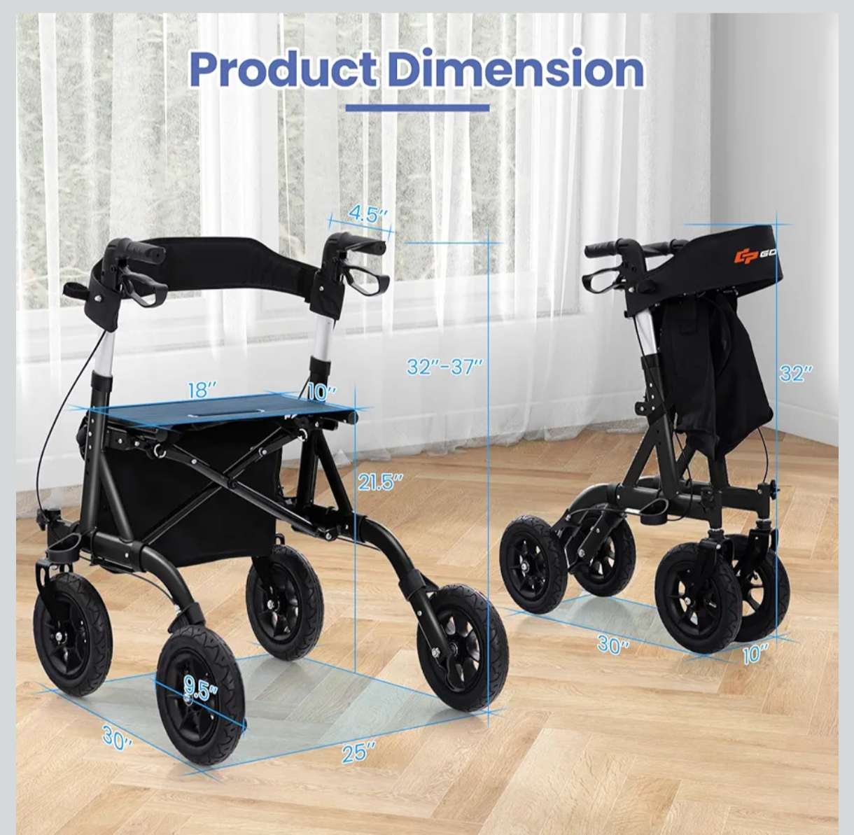 Goplus Foldable Rolling Walker with Seat, Supports up to 350 lbs - photo 3