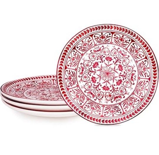 Red Marrakesh Tile 9 Inch Floral Salad Plates, Set Of 4