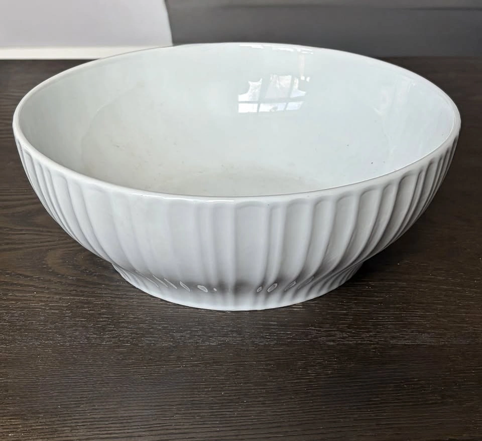 Large White Ceramic Serving Bowl ~11” x 4”– Modern Ribbed