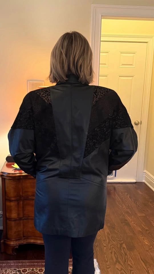 Vintage 80s Leather Blazer Jacket with Brocade Panels - photo 2