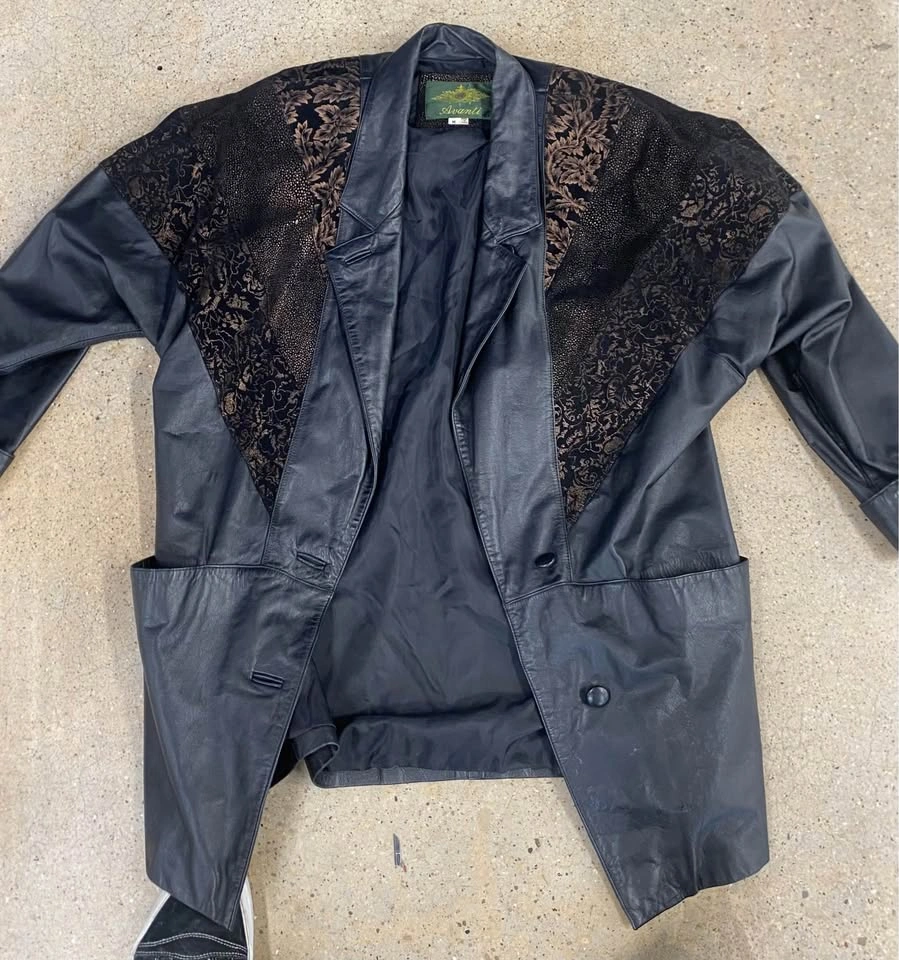 Vintage 80s Leather Blazer Jacket with Brocade Panels - photo 3