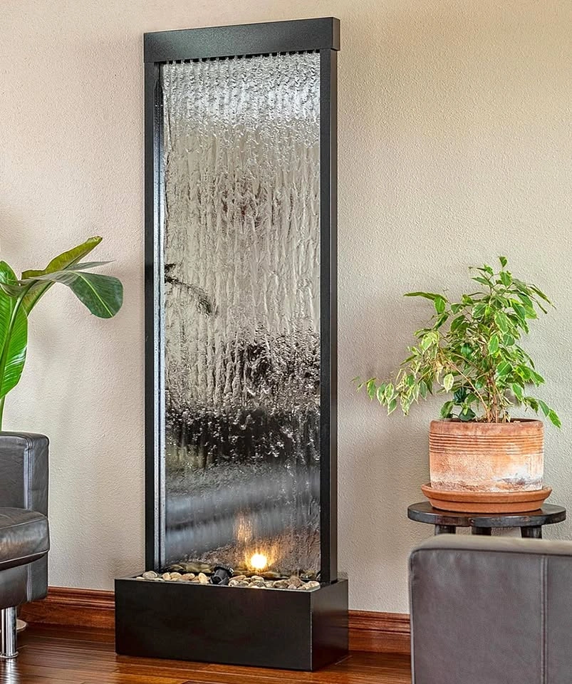 Mirror Waterfall Fountain with Stones & Lights - Indoor/Outdoor