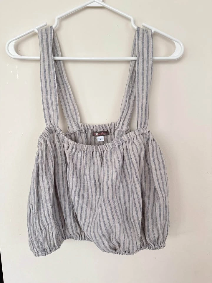 Women's HoneyBea Shop Blue/White Striped Linen Cropped Top - L - photo 2