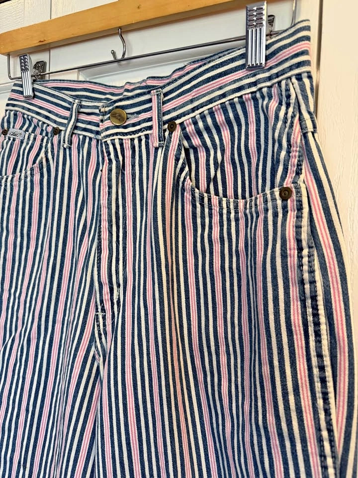 Women's Size 12 80s Chic Pink White Blue Pinstripe High Waist Mo