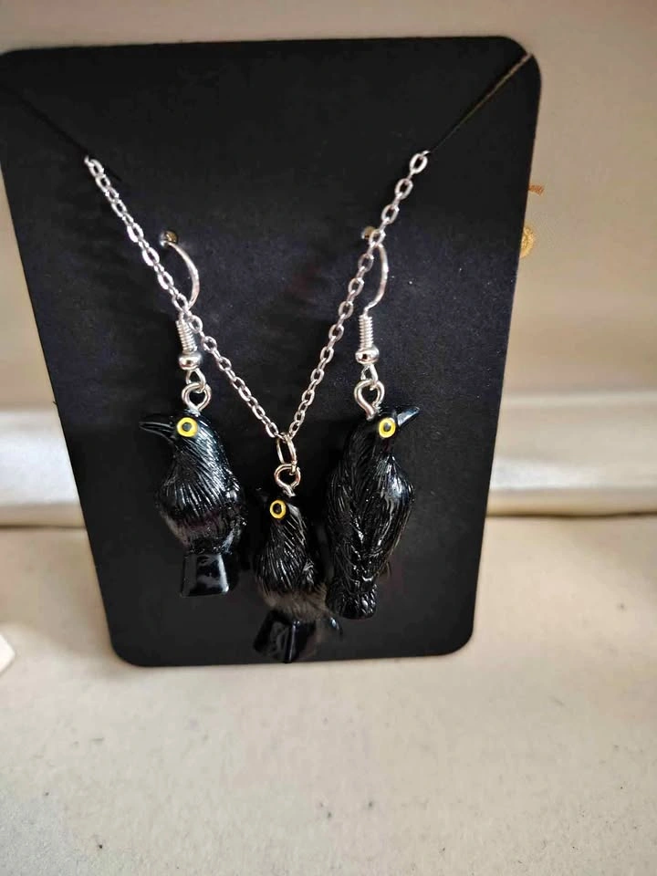 Handmade Gothic Crow Necklace Earring Set