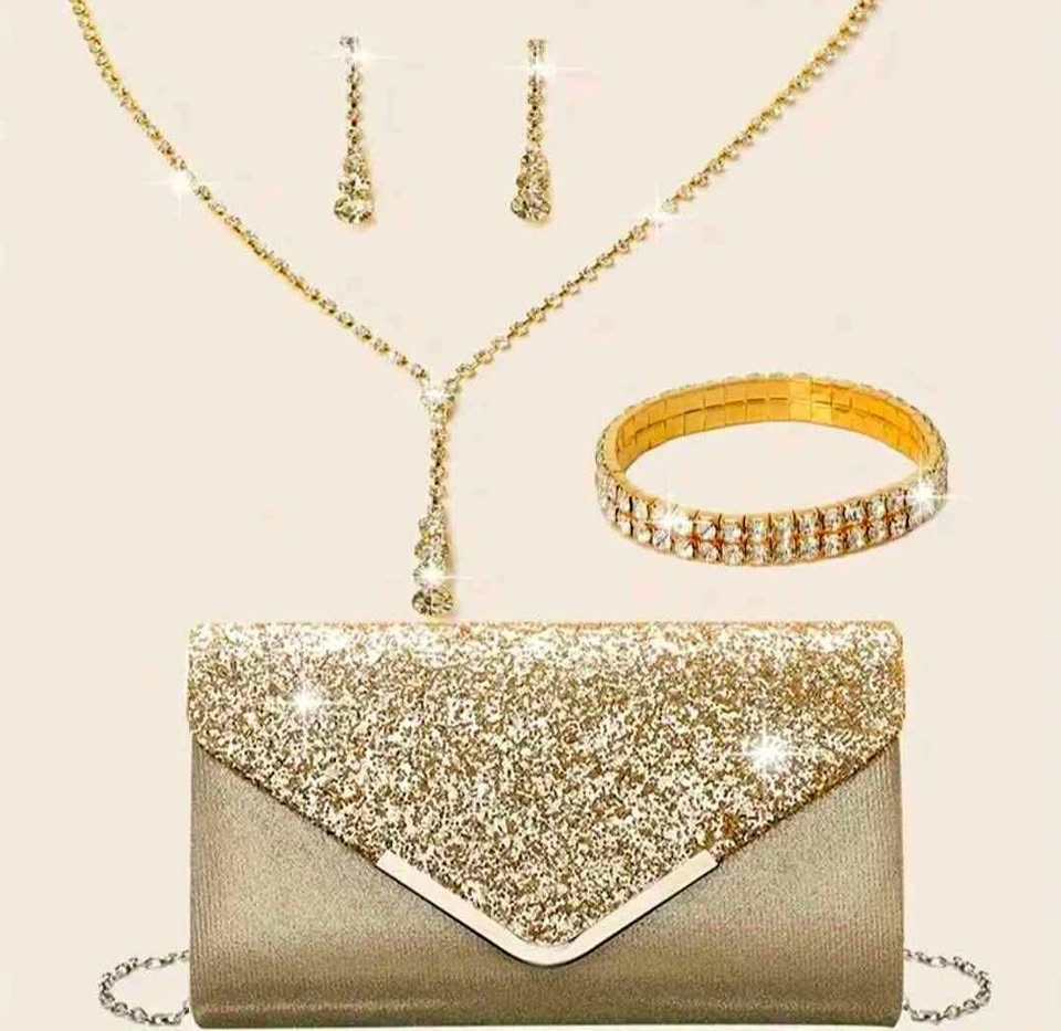 Brand new gold glittery party bag with jewelry combo (firm price