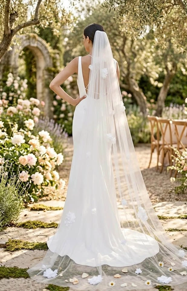 Chiffon Flower Floor Length Veil Soft White