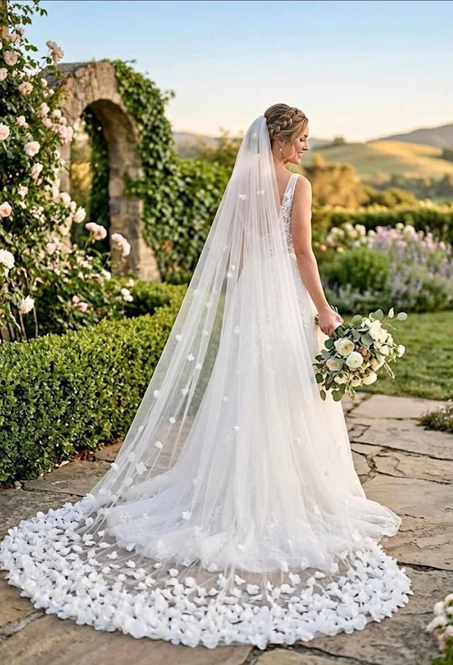 Chiffon Floral Cathedral Veil - Soft White