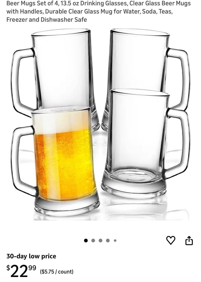 New Beer Mugs Set of 4, 13.5 oz Drinking Glasses