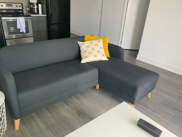 Dark Grey L-shaped Couch (IKEA - LINANÄS) + white coffee table