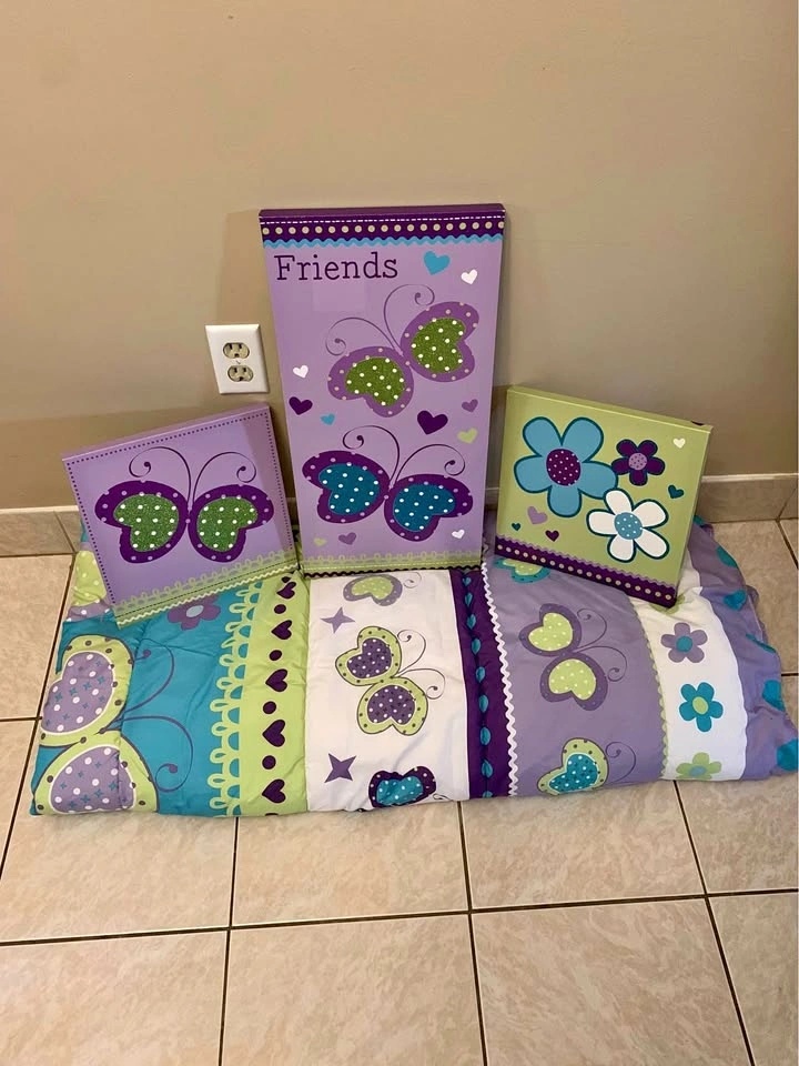 🦋 Girls Butterfly Twin Comforter Set + Wall Art 🦋