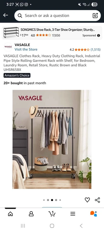 VASAGLE Heavy Duty Rolling Clothes Rack w/ Shelf - photo 4