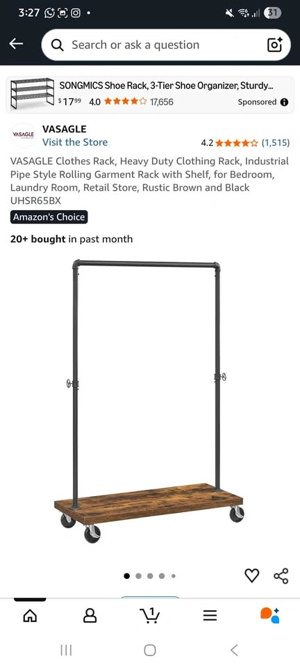 VASAGLE Heavy Duty Rolling Clothes Rack w/ Shelf - photo 5
