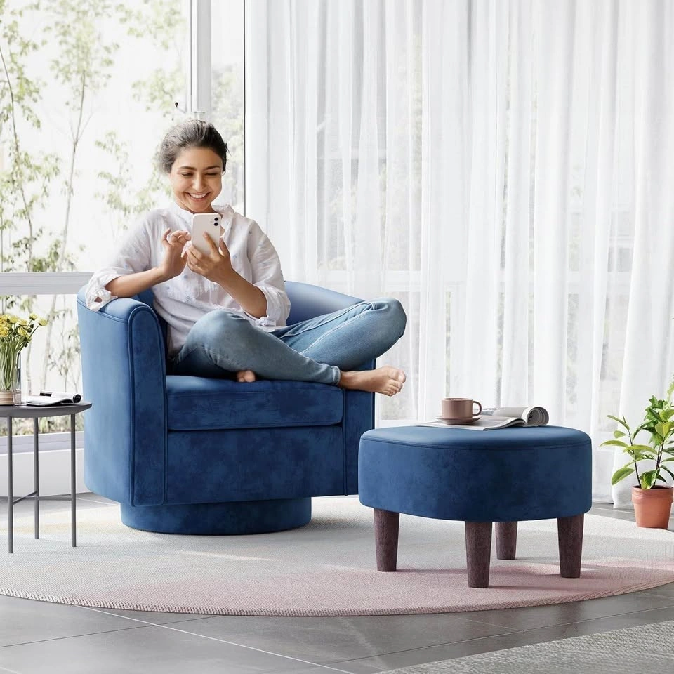 Brand New Blue Swivel Barrel Chair with Ottoman - photo 5