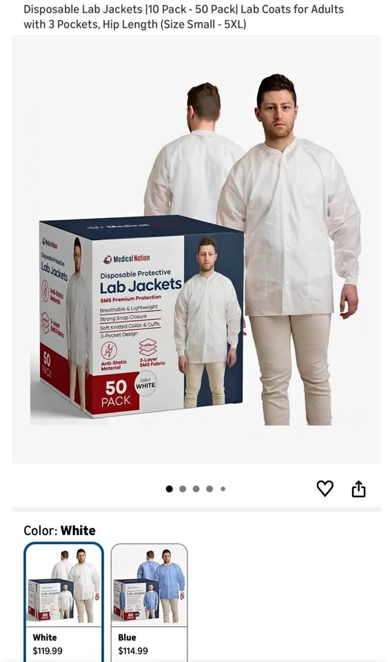 (New)50 Packs Disposable Lab Jackets - White, Size M
