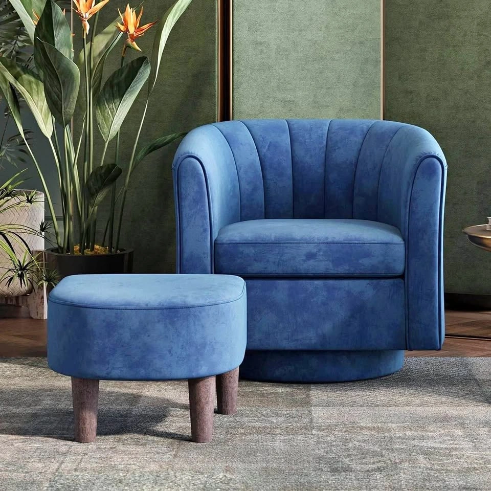 Brand New Velvet Swivel Barrel Chair with Ottoman