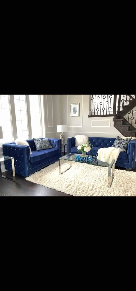 Blue Velvet Sofa and Loveseat - photo 2