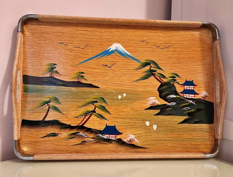 Vintage Japanese Hand-Painted Wooden Serving Tray