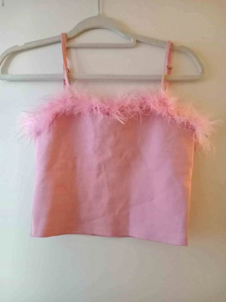 Pink Feather Trim Cami Top - Size M