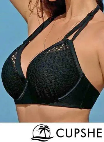 BNWT Cupshe Black Bikini Top with lace detail (in DD) thumbnail