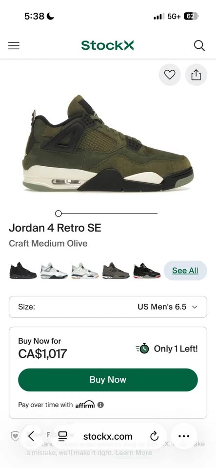 Authentic Jordan 4 Retro SE Craft Medium Olive Size 6.5 - photo 4
