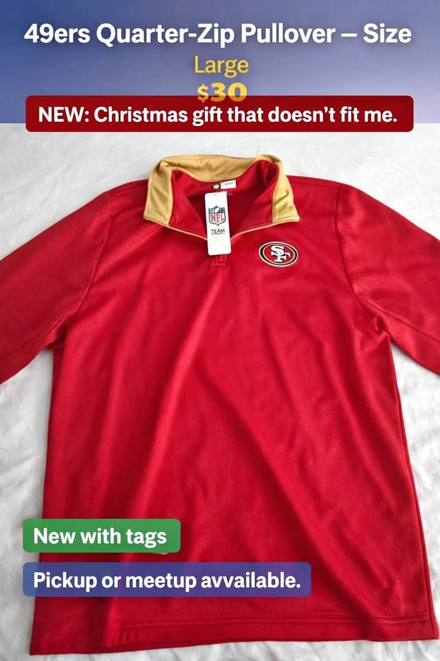 San Francisco 49ers Quarter-Zip Pullover – Size Large (New)