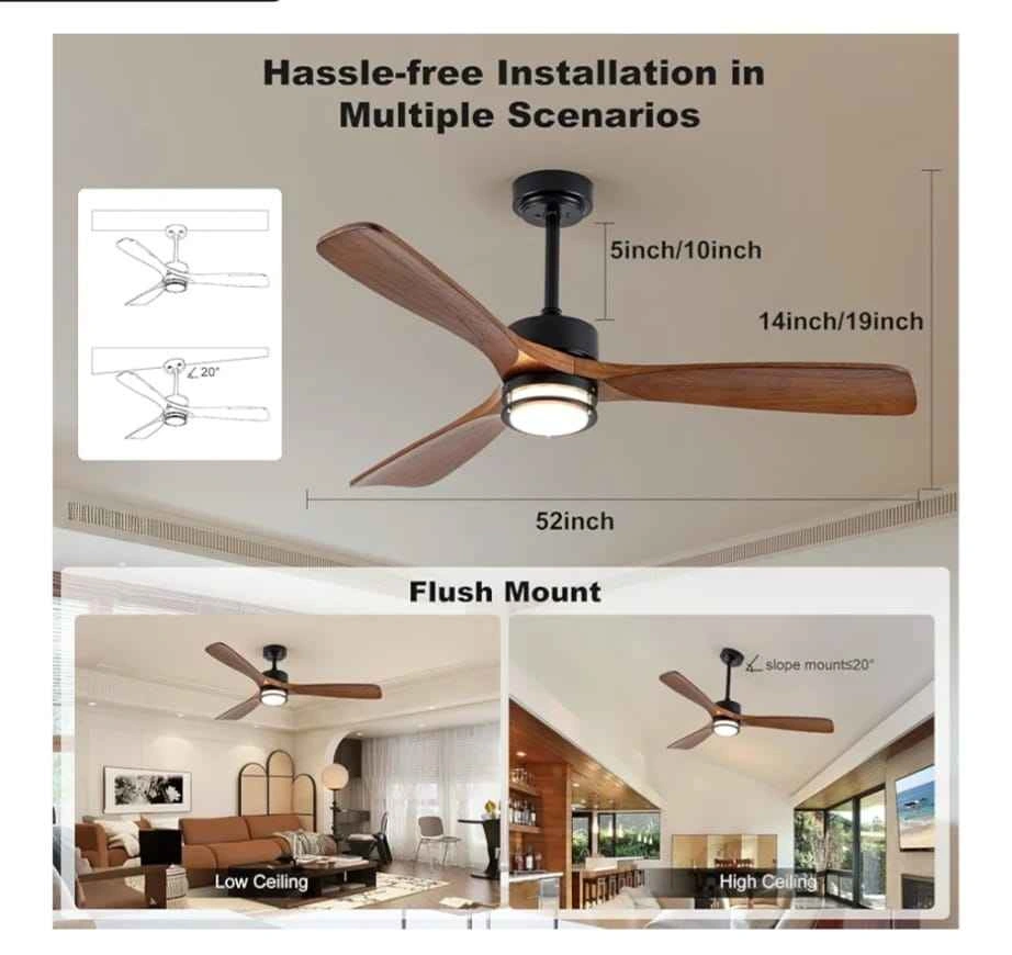 52" Outdoor Ceiling Fan w/ Light, Walnut Wood Blades, Remote - photo 5