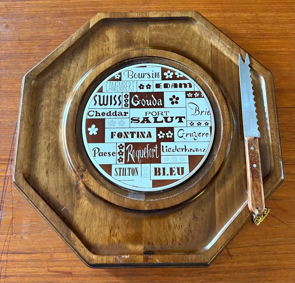 Vintage 70’s Walnut Octagon Cheese Platter & Knife, Tile Inlay