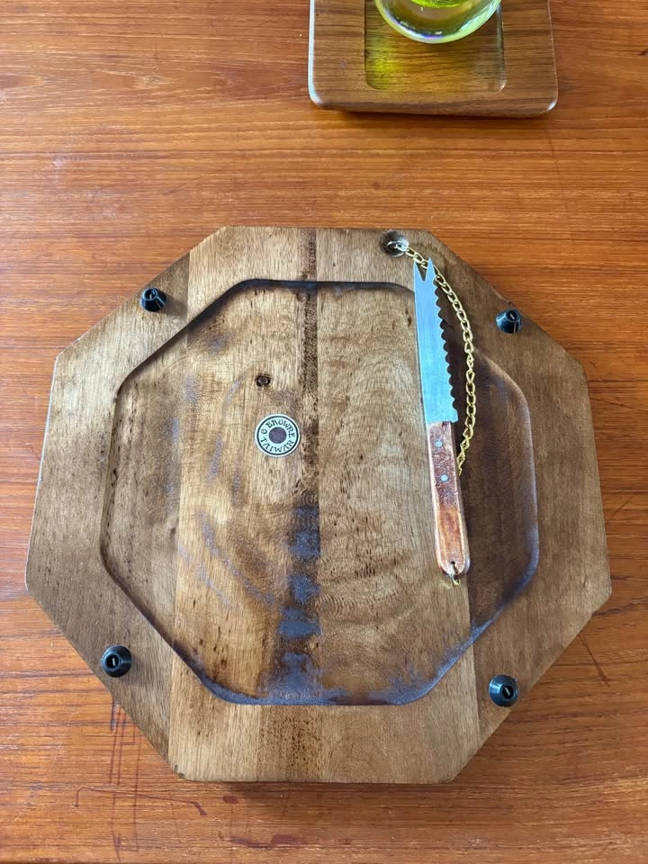 Vintage 70’s Walnut Octagon Cheese Platter & Knife, Tile Inlay - photo 2