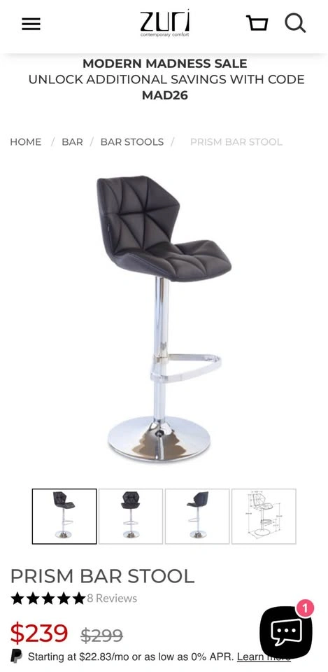 Black Prism Swivel Bar Stool 20"w x 40"h x 20.5"d - photo 3
