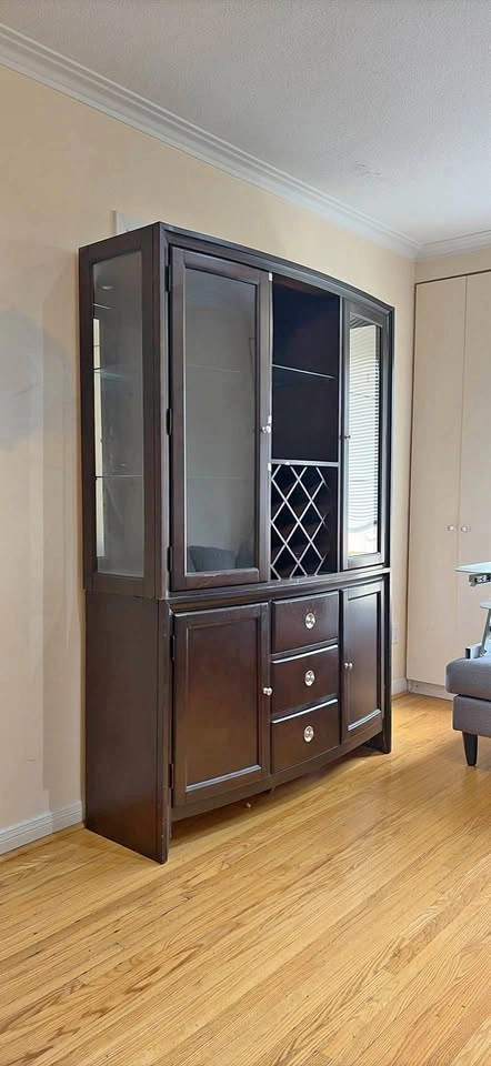 Dark Wood Wine Bar Hutch with Glass Display