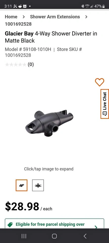 Glacier Bay 4-Way Shower Diverter (Black)