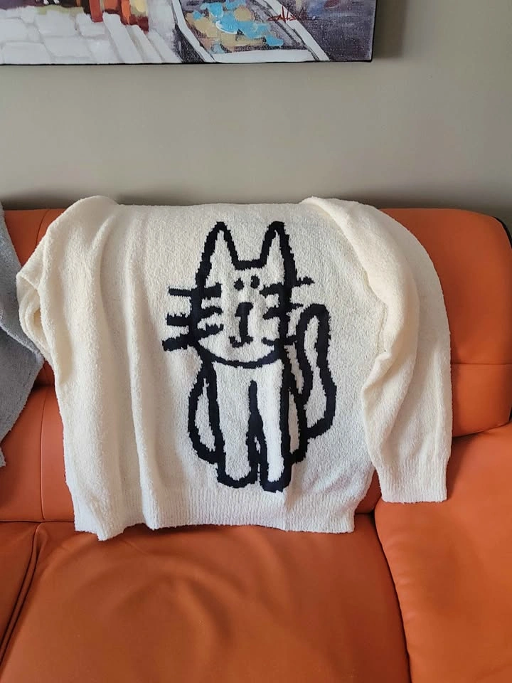 Cat Graphic Sweater Grey & White XL - photo 2