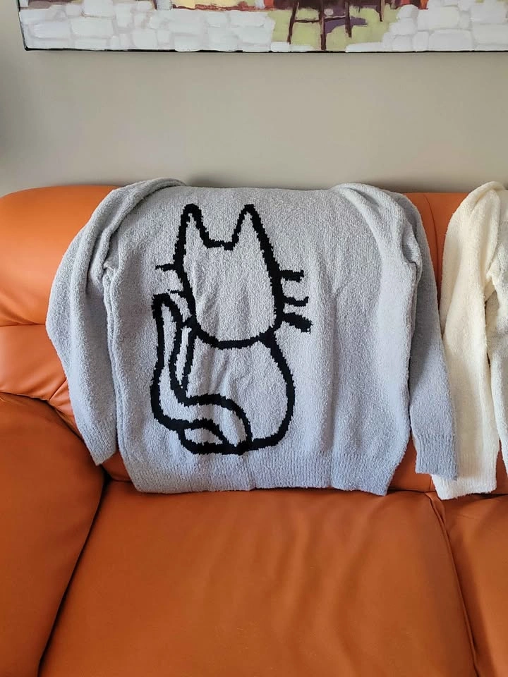 Cat Graphic Sweater Grey & White XL - photo 3