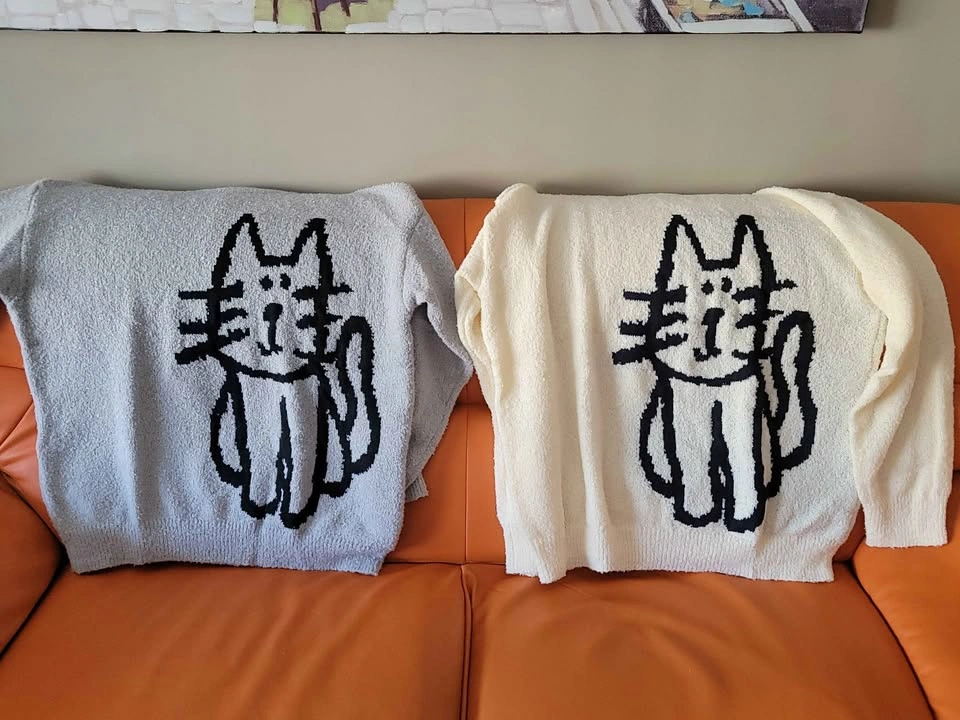 Cat Graphic Sweater Grey & White XL - photo 5